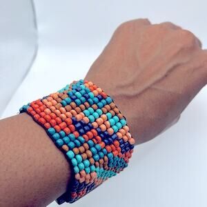 Colorful Boho Beaded Bracelet w/wooden clasp